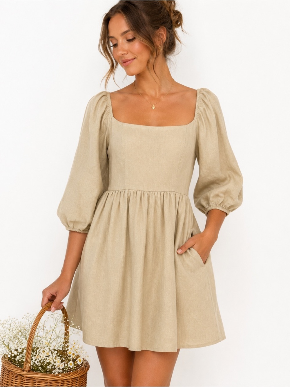 Every Chai Cottagecore Linen Blend Babydoll Mini Dress Size S